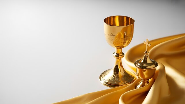Still life of ornate golden chalice and ciborium with cross on white surface with flowing satin fabric