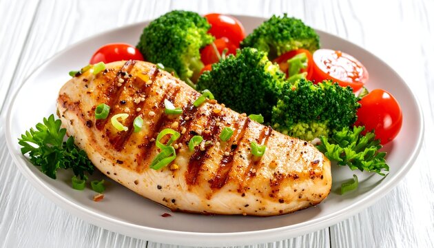 A grilled chicken breast rests on a white plate with fresh broccoli, cherry tomatoes, and parsley, suggesting a healthy meal