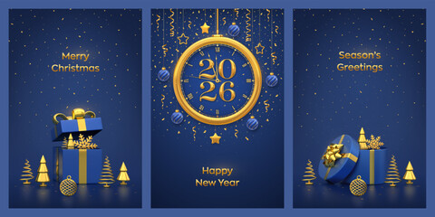 Christmas card set. Happy New Year 2026. Golden New Year countdown clock with numbers 2026. Gift boxes with golden bows, snowflakes, gold fir trees. New Year greeting cards. Vector illustration.