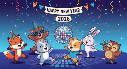 Happy New Year 2026 Cute Animals Party Celebration