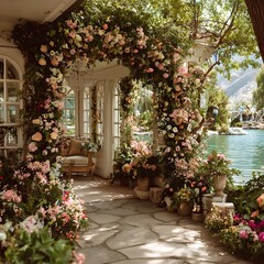 Naklejka premium Floral archway frames a serene lakeside view with a charming cottage creating a romantic and picturesque scene for weddings and events