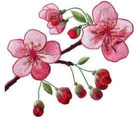 Embroidered cherry blossom branch with buds isolated on white background detailed macro studio shot