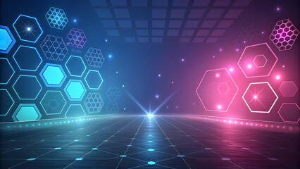Futuristic hexagonal grid with neon lights and digital particles