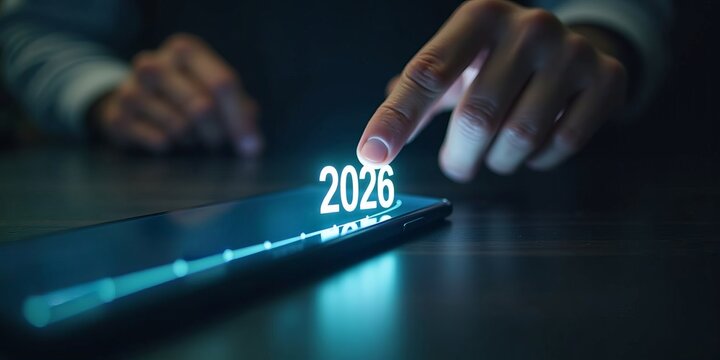 New year 2026 concept for future goals, business planning, and technology trends. Man touching glowing futuristic graph