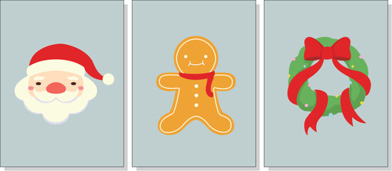 set of christmas winter holiday greeting cards with cute xmas decoration icons. cute santa head, Gingerbread cookies and wreath.