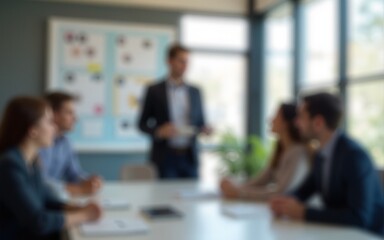 Fototapeta premium Blur office meeting blurred background with business people working group in boardroom discussion for teamwork brainstorming, executive seminar or professional training in small startup enterprise