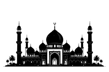Silhouette of a Detailed Mosque with Minarets, Domes, and Islamic Architecture
