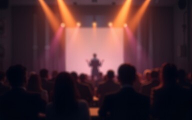 Startup Spotlight Blur — Presenter under light with audience softly blurred. High quality