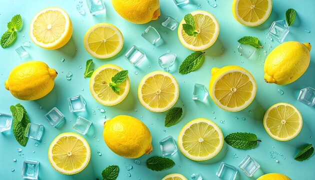 A Refreshing Summer Flat Lay of Vibrant Yellow Lemons Sliced with Ice Cubes and Fresh Mint Leaves Scattered Across a Cool Blue Background in Soft Daylight