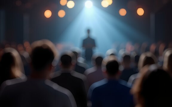 Startup Spotlight Blur — Presenter under light with audience softly blurred. High quality - Powered by Adobe