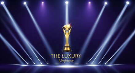 Golden trophy on stage with spotlights and text the luxury conference