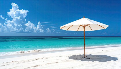 Fototapeta premium A solitary white beach umbrella stands on a pristine white sand beach beside a turquoise ocean under a clear blue sky with fluffy white clouds during daytime in a tropical paradise.