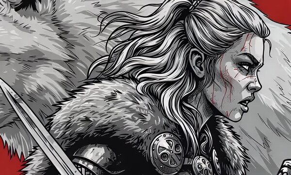 Viking Woman Warrior with Wolf Fierce Fighter in Traditional Armor