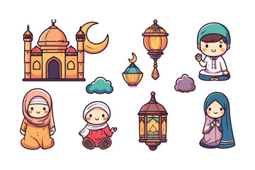 Set of adorable Islamic elements including a mosque, Ramadan lanterns, and cute Muslim boy and girl characters for festive design