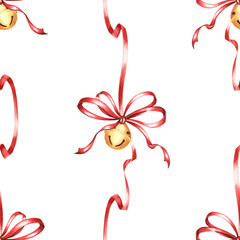 Watercolor red bow ribbons and golden round jingle bells seamless pattern for Christmas designs. Hand-drawn illustration for winter holiday decor. Festive New Year background for textile, wallpaper.