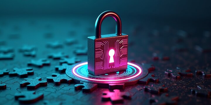 Cybersecurity and digital protection concept. Futuristic glowing padlock with circuit and keyhole on a neon puzzle background