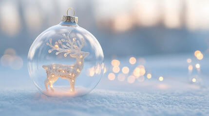 Christmas holiday card with transparent glass ornament ball and glowing reindeer silhouette inside it. Snowy background. Space for text.