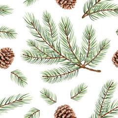 Watercolor pine branches with cones, seamless pattern for Christmas design. Hand-drawn illustration spruce twigs for winter holiday decor. Conifer plant natural background for wallpaper, textile, card