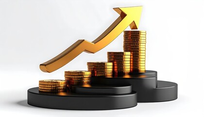 Coins stacked, ascending arrow signifies financial growth