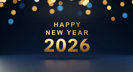 Happy New Year 2026 Golden Text with Bokeh Lights on Dark Background