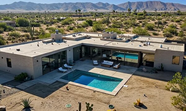 Aerial view of a luxurious modern home with a swimming pool in a vast desert landscape with mountains