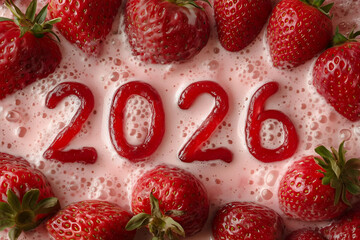 Top view of numbers 2026 made of strawberry jelly floating in a strawberry milkshake with fresh strawberries
