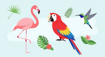 Naklejka premium Vibrant Tropical Birds and Foliage Collection Flamingo Macaw Hummingbird and Exotic Plants.