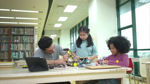 A teacher guiding students in a robotics project during a STEM class in the library