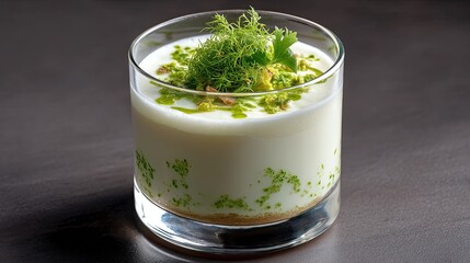 Delicious Layered Dessert with Creamy Yogurt, Fresh Herbs, and Vibrant Green Toppings in Elegant Glass