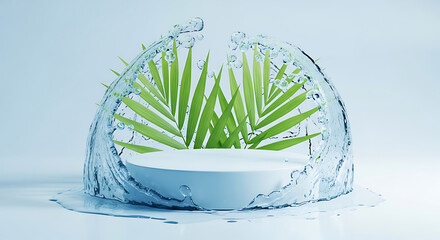 A clean white podium surrounded by a splash of water and green leaves