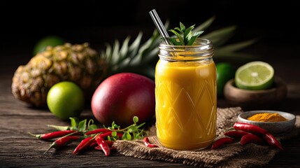 Refreshing Tropical Juice with Pineapple, Mango, Lime, and Chili Peppers on Rustic Wood Background