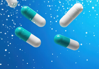 Green and white capsules floating against a vibrant blue background with glowing light particles in motion