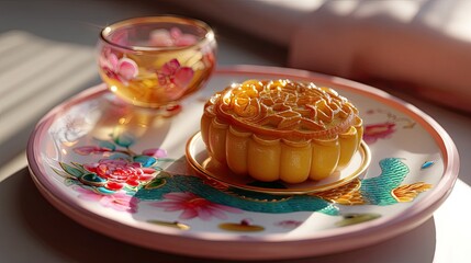 A Beautiful Mid-Autumn Festival Mooncake and Tea Cup on Decorative Tray with Floral and Dragon Motifs