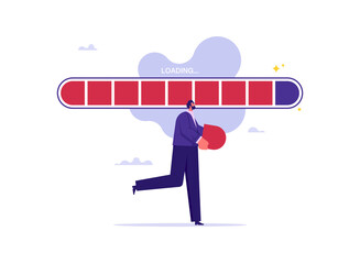 Business process or fulfills goals and tasks concept, metaphor for work of company or organization, businessman with loading bar progress