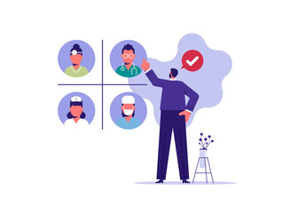 Concept of medicine and healthcare, businessman looking for and choosing suitable specialist, portraits of different medical workers, patient wants to make appointment with doctor
