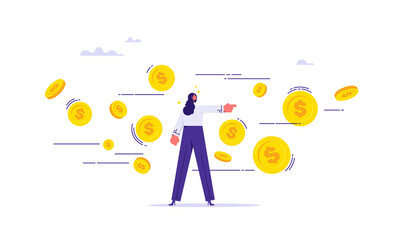 Concept of cash flow and movement of money or finances, business payments, businessman leader control flow of money dollar coins