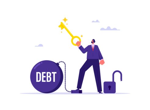 Concept of business debt and financial freedom, businessmen use key to unlock chain from giant steel ball with debt message