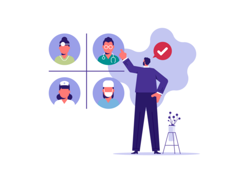 Concept of medicine and healthcare, businessman looking for and choosing suitable specialist, portraits of different medical workers, patient wants to make appointment with doctor