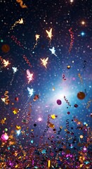 Vibrant Glitter and Confetti Explosion with Twinkling Stars and Bokeh Lights.