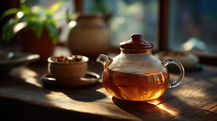 Transparent Teapot with Golden Tea by Window in Cozy Setting with Natural Light and Warm Atmosphere