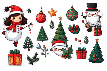 set of kawaii santa and christmas cartoon decoration. Cute santa claus cartoon 