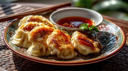 Delicious Pan-Fried Dumplings Served with Soy Dipping Sauce on Elegant Asian Plate