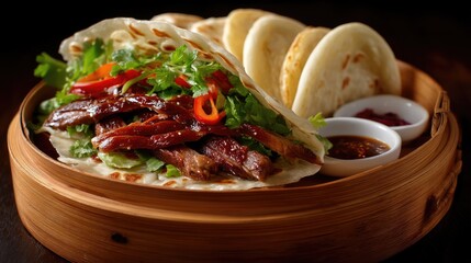 Deliciously Styled Wrap with Grilled Meat, Fresh Vegetables, and Flavorsome Sauces on a Wooden Serving Tray
