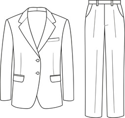 Men’s blazer and trouser flat sketch, fashion cad drawing, front view vector template for formal suit clothing design