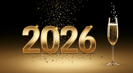Sparkling 2026 Golden Numbers with Champagne Glass and Confetti Shower