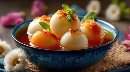 Sweet Dessert in Bowl with Colorful Syrup and Garnish of Mint Leaves on Wooden Table