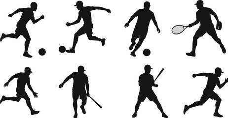 Dynamic sports silhouettes, soccer players running dribbling kicking ball, tennis athlete racket stance, baseball batter swinging bat, energetic athletic motion, fitness training, 