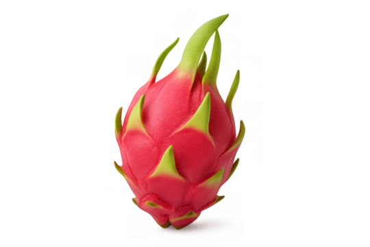 Dragon fruit standing upright, vibrant pink pitaya with green scales, exotic tropical food, healthy and fresh, transparent background