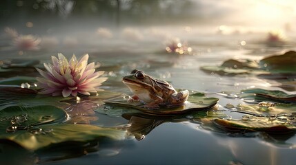 Fototapeta premium Serenity in Nature: A Frog on a Lily Pad Amidst Morning Mist and Water Lilies