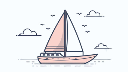 Serene sailboat glides across calm water with gentle clouds and birds overhead, evoking peace and adventure.